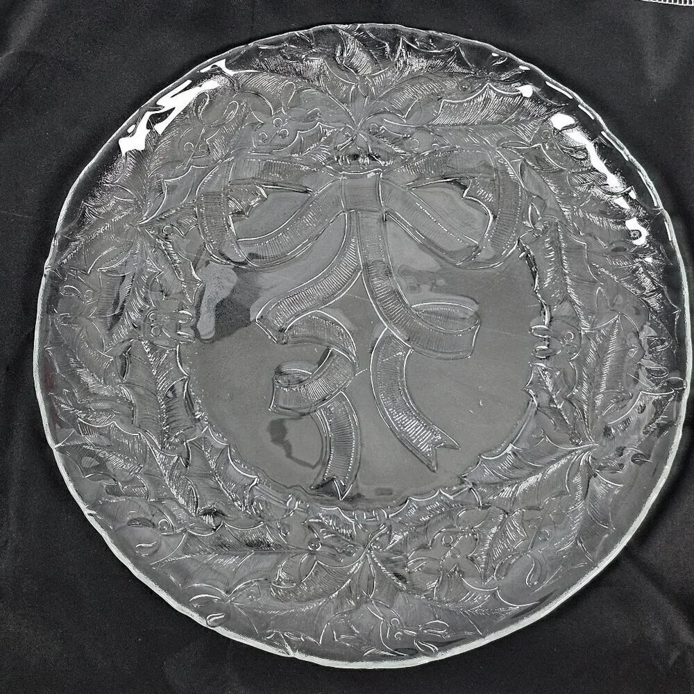 Arcoroc Vintage Clear Glass Christmas Holly Ribbon Cookie Serving Platter